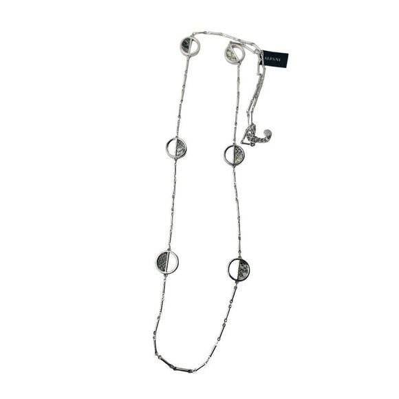 NWT ALFANI Silver-Tone Faux-Leather Inlay Hoop Long Station Necklace, 42" + 2" - Picture 2 of 5